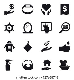 16 vector icon set : investment, smart bracelet, handwheel, mirror, rag, harvest, hand drop, sprayer, soap, housing, handle washing