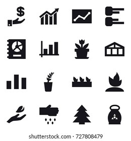 16 vector icon set : investment, diagram, statistic, annual report, graph, flower, greenhouse, seedling, sprouting, hand leaf, sow, spruce, fertilizer