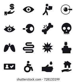 16 vector icon set : investment, eye, courier, cell corection, check in, invalid, hand drop, housing