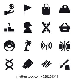 16 vector icon set : investment, flag, shopping bag, pedestal, chess horse, dna, remove from basket, donut, palm, wireless, clothespin, toilet brush