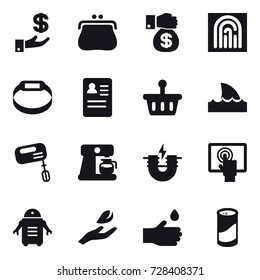 16 vector icon set : investment, purse, money gift, fingerprint, smart bracelet, shark flipper, mixer, coffee maker, hand leaf, hand drop, cleanser powder
