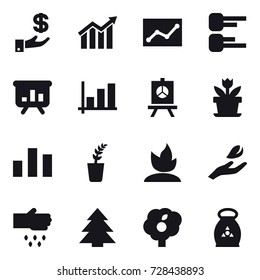 16 vector icon set: investment, diagram, statistic, presentation, graph, flower, seedling, sprouting, hand leaf, sow, spruce, garden, fertilizer