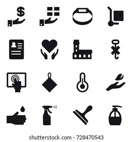 16 vector icon set : investment, gift, smart bracelet, cargo stoller, mansion, rag, hand leaf, hand drop, sprayer, scraper, liquid soap