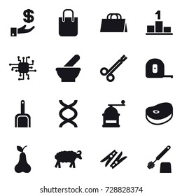 16 vector icon set : investment, shopping bag, pedestal, chip, measuring tape, scoop, hand mill, pear, sheep, clothespin, toilet brush