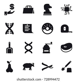 16 vector icon set : investment, shopping bag, chess horse, chip, dna, shopping list, donut, measuring tape, scoop, hand mill, pear, sheep, pruner, toilet brush