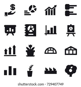 16 vector icon set : investment, diagram, presentation, annual report, graph, graph up, flower, greenhouse, seedling, garden