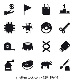 16 vector icon set : investment, flag, shopping bag, pedestal, chip, donut, measuring tape, stadium, hand mill, sheep, toilet brush