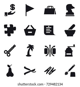 16 vector icon set : investment, flag, shopping bag, chess horse, puzzle, remove from basket, shopping list, palm, hand mill, pear, pruner, clothespin, toilet brush