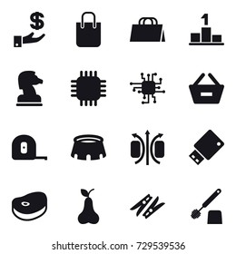16 vector icon set : investment, shopping bag, pedestal, chess horse, chip, remove from basket, measuring tape, stadium, pear, clothespin, toilet brush