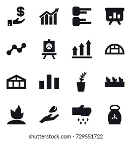16 vector icon set : investment, diagram, presentation, graph, graph up, greenhouse, seedling, sprouting, hand leaf, sow, fertilizer