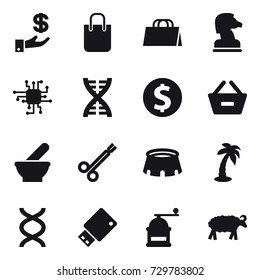 16 vector icon set : investment, shopping bag, chess horse, chip, dna, dollar coin, remove from basket, stadium, palm, hand mill, sheep