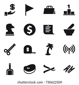 16 vector icon set : investment, flag, shopping bag, pedestal, chess horse, dollar coin, shopping list, measuring tape, palm, wireless, scoop, pruner, clothespin