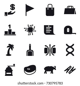16 vector icon set : investment, flag, shopping bag, pedestal, chip, shopping list, measuring tape, palm, scoop, hand mill, sheep, clothespin