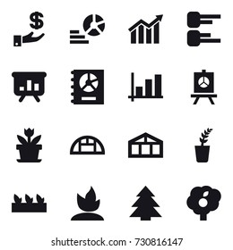 16 vector icon set : investment, diagram, presentation, annual report, graph, flower, greenhouse, seedling, sprouting, spruce, garden