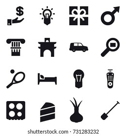16 vector icon set : investment, bulb, gift, column, arch, tennis, bed, shovel