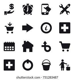 16 vector icon set : investment, alarm clock, touch, pencil wrench, add to cart, right arrow, info, home, first aid, bucket, garbage bin