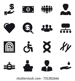 16 vector icon set : investment, money, team, woman, heart, dollar arrow, group, structure, fingerprint, hand and drop