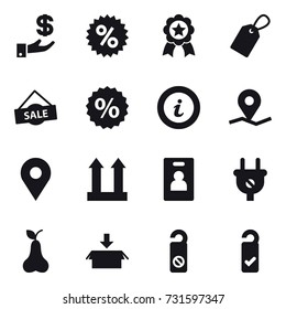 16 vector icon set : investment, percent, medal, label, sale, info, identity card, pear, package, do not distrub, please clean