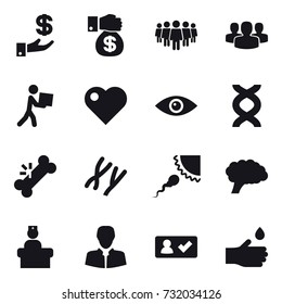 16 vector icon set : investment, money gift, team, group, courier, heart, check in, hand drop