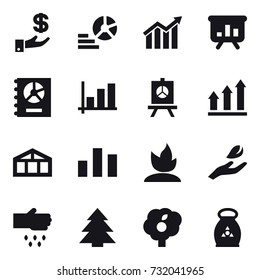16 vector icon set : investment, diagram, presentation, annual report, graph, graph up, greenhouse, sprouting, hand leaf, sow, spruce, garden, fertilizer