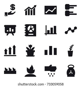 16 vector icon set : investment, diagram, statistic, presentation, annual report, graph, graph up, flower, seedling, sprouting, sow, fertilizer