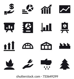 16 vector icon set : investment, diagram, statistic, presentation, annual report, graph, graph up, greenhouse, seedling, sprouting, hand leaf, sow, spruce