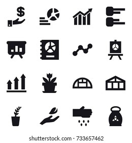 16 vector icon set : investment, diagram, presentation, annual report, graph, graph up, flower, greenhouse, seedling, hand leaf, sow, fertilizer