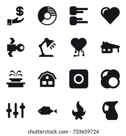 16 vector icon set : investment, circle diagram, diagram, heart, satellite, table lamp, cardio chip, house with garage, fountain, house, ring button, fire, jug