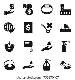 16 vector icon set : investment, money gift, smart bracelet, mansion, shark flipper, hand leaf, sprayer, soap, hand and drop, liquid soap, wiping