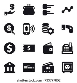 16 vector icon set : investment, purse, diagram, graph, dollar arrow, phone pay, virtual mining, hand coin, dollar coin, receipt, wallet, cashbox, library, credit card, safe