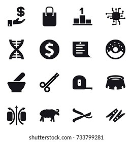 16 vector icon set : investment, shopping bag, pedestal, chip, dna, dollar coin, shopping list, donut, measuring tape, stadium, sheep, pruner, clothespin