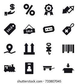 16 vector icon set : investment, percent, medal, up down arrow, sale label, sale, ticket, train, identity card, trailer, package
