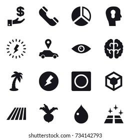 16 vector icon set : investment, phone, diagram, bulb head, lightning, car pointer, palm, electricity, ring button, field, beet, drop, clean floor
