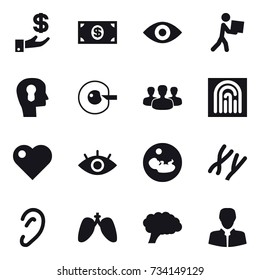 16 vector icon set : investment, money, eye, courier, bulb head, cell corection, group, fingerprint, heart
