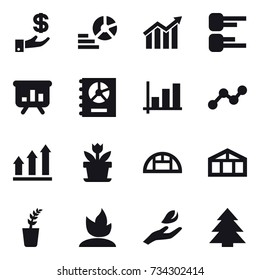 16 vector icon set : investment, diagram, presentation, annual report, graph, graph up, flower, greenhouse, seedling, sprouting, hand leaf, spruce