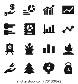 16 vector icon set : investment, diagram, statistic, annual report, graph, presentation, flower, sprouting, hand leaf, spruce, garden, fertilizer