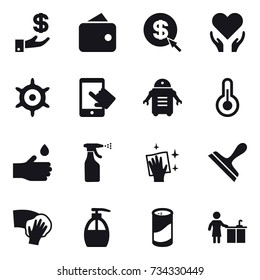 16 vector icon set : investment, wallet, dollar arrow, handwheel, hand drop, sprayer, wiping, scraper, liquid soap, cleanser powder, kitchen cleaning