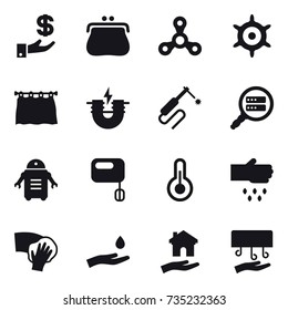 16 vector icon set : investment, purse, spinner, handwheel, curtain, sow, wiping, hand and drop, housing, hand dryer