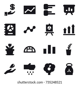 16 vector icon set : investment, statistic, diagram, presentation, annual report, graph, graph up, flower, greenhouse, seedling, hand leaf, sow, garden, fertilizer
