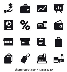 16 vector icon set : investment, wallet, statistic, presentation, annual report, percent, cashbox, market, market scales, shopping list, shopping bag, label, mall