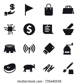 16 vector icon set : investment, flag, shopping bag, chip, dollar coin, shopping list, stadium, wireless, hand mill, sheep, clothespin, toilet brush