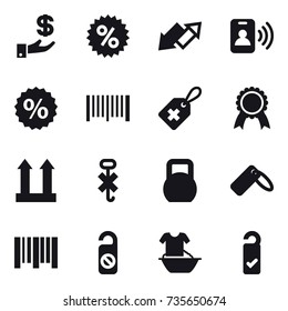 16 vector icon set : investment, percent, up down arrow, pass card, barcode, medal, do not distrub, handle washing, please clean