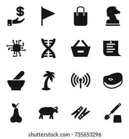 16 vector icon set : investment, flag, shopping bag, chess horse, chip, dna, remove from basket, shopping list, palm, wireless, pear, sheep, clothespin, toilet brush