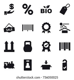 16 vector icon set : investment, percent, bio, label, sale, barcode, medal, train, identity card, package, please clean