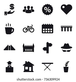 16 Vector Icon Set : Investment, Group, Percent, Heart, Hot Drink, Bike, Bridge, Pyramid, Gothic Architecture, Baggage, Home, Iron Board, Seedling