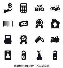 16 vector icon set : investment, calculator, bio, sale, barcode, ticket, medal, smart house, train, identity card, do not distrub, pear, please clean