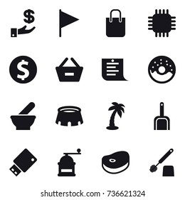 16 vector icon set : investment, flag, shopping bag, chip, dollar coin, remove from basket, shopping list, donut, stadium, palm, scoop, hand mill, toilet brush