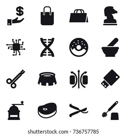 16 vector icon set : investment, shopping bag, chess horse, chip, dna, donut, stadium, hand mill, pruner, toilet brush