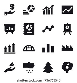 16 vector icon set : investment, diagram, statistic, presentation, annual report, graph, graph up, greenhouse, seedling, hand leaf, sow, spruce, garden