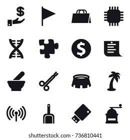 16 vector icon set : investment, flag, shopping bag, chip, dna, puzzle, dollar coin, shopping list, stadium, palm, wireless, scoop, hand mill